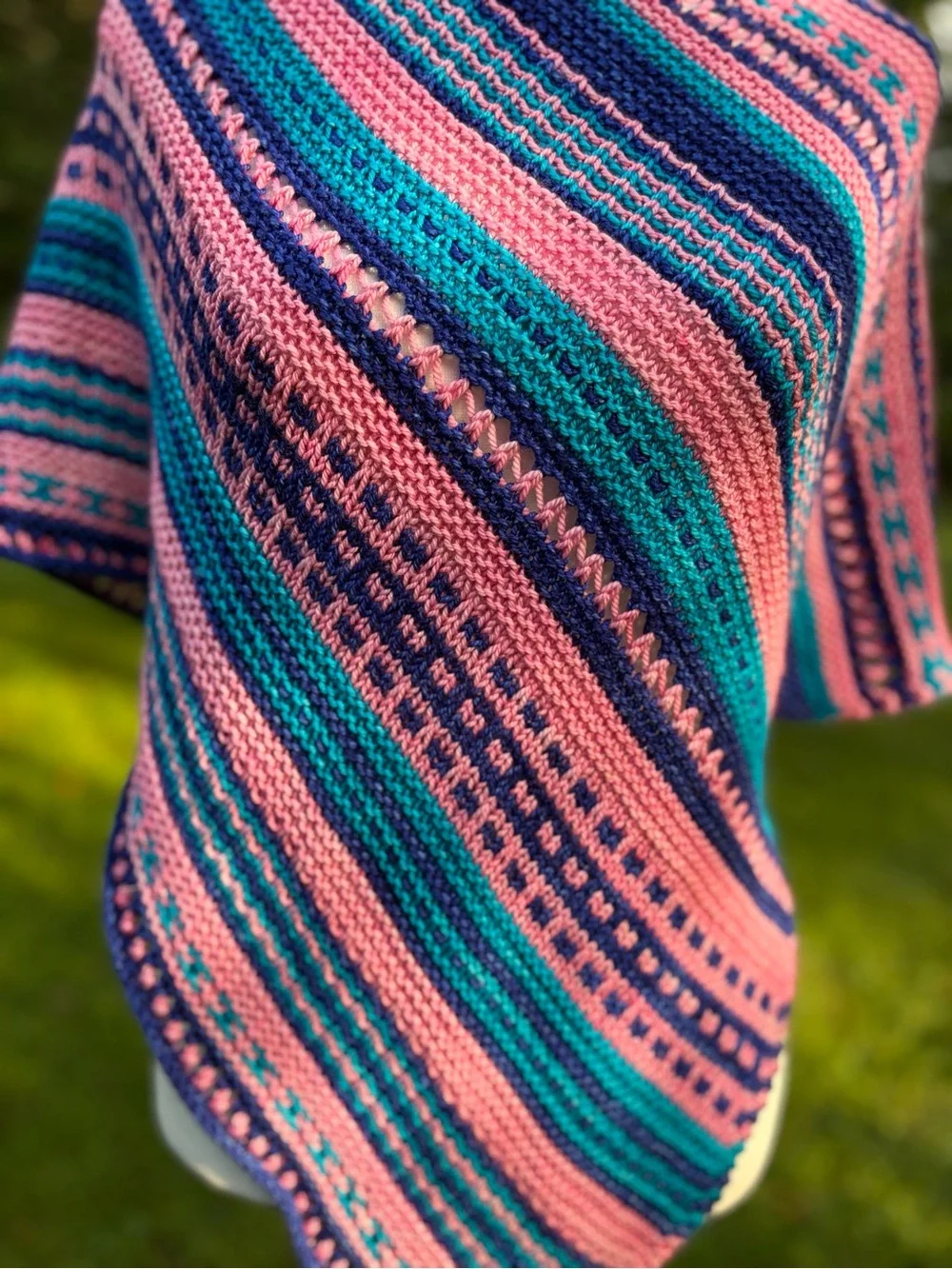 Gorgeous OOAK Hand Knit Cashmere & Merino Blue Pink Shawl Wrap Unique Shape